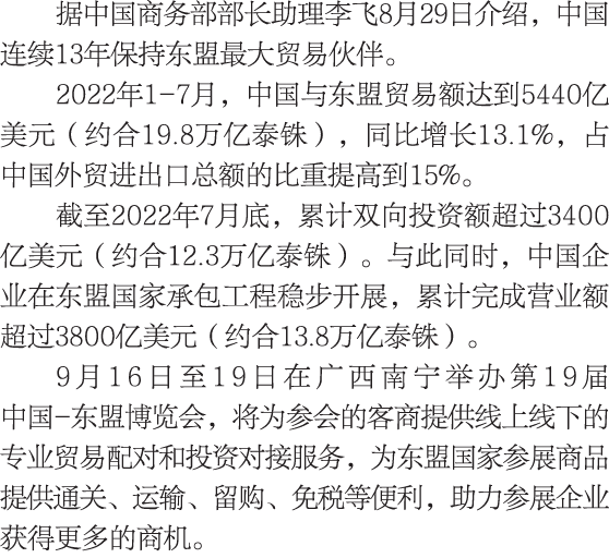 据中国商务部部长助理李飞8月29日介绍，中国连续13年保持东盟最大贸易伙伴。 2022年1-7月，中国与东盟贸易额达到5440亿美元（约合19.8万亿泰铢），同比增长13.1%，占 中国外贸进出口总额的比重提高到15%。 截至2022...