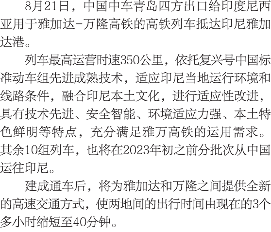 8月21日，中国中车青岛四方出口给印度尼西亚用于雅加达-万隆高铁的高铁列车抵达印尼雅加达港。 列车最高运营时速350公里，依托复兴号中国标准动车组先进成熟技术，适应印尼当地运行环境和线路条件，融合印尼本土文化，进行适应性改进，具有技术...